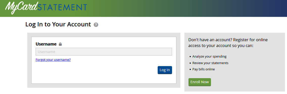 MyCardStatement Website Login Screen